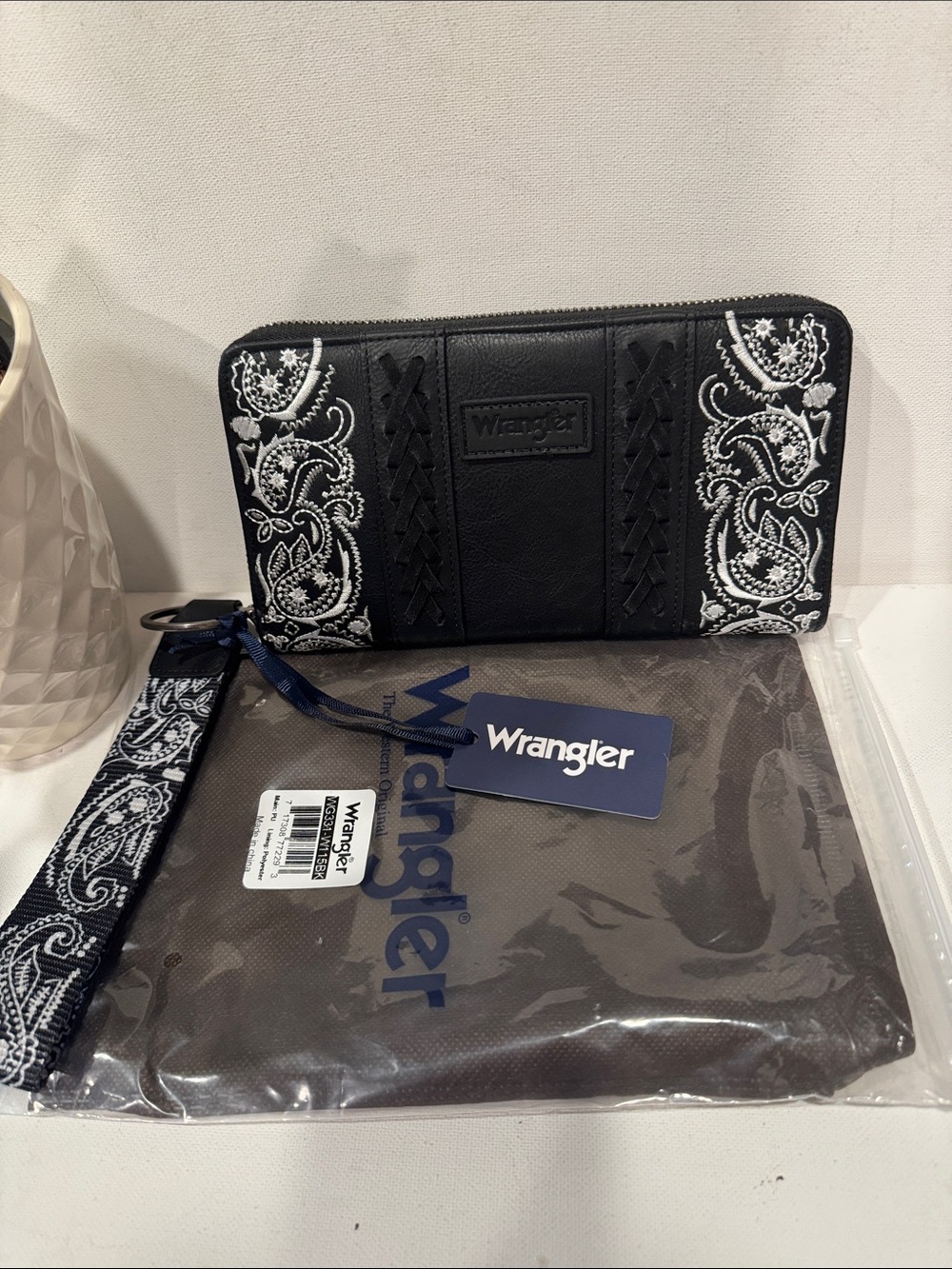 NWT Wrangler Black Wallet with White Paisley Embroidery and Wrist Strap
